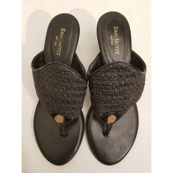 Eric Javits Bula Braid Thong Sandals Black Leather Woven Raffia Size 10 EUC - Picture 3 of 7